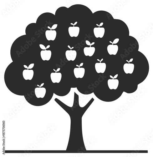 Illustration of an apple tree full of fruit ready to be harvested on white background