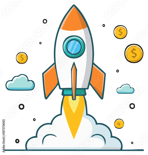 Cartoon rocket launching with dollar coins for business startup success and financial growth illustration
