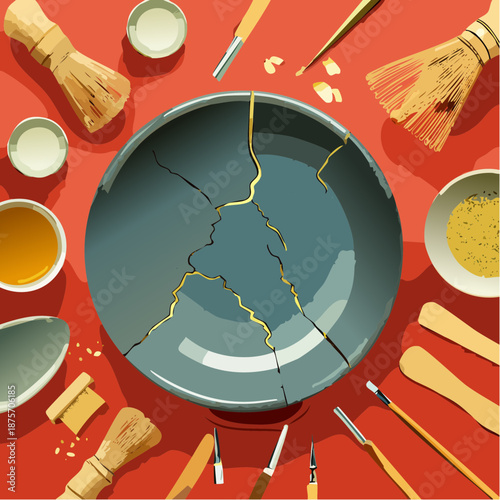 Kintsugi art repair with gold lacquer on cracked bowl