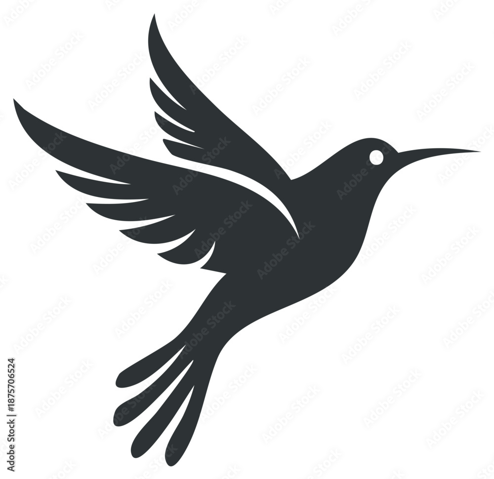 Fototapeta premium Silhouette of a Hummingbird in Flight with Wings Spread Isolated on White Background