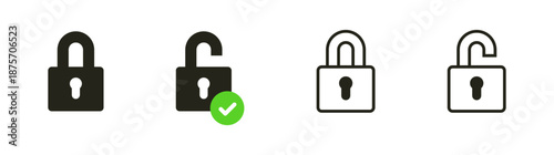 Lock and unlock security icons - padlocks in both locked and unlocked states for data privacy showing protected, verified, and access states, ideal for privacy, login, and UI systems.