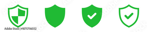Green shield security icons showing protection, safety, and verification states, ideal for privacy, trust, security, protection, verified status, and digital safety assurance.