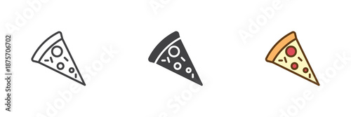 Pizza slice fast food different style icon set. Line, solid and filled outline colorful icon, vector sign and symbol. Pizza icon for grocery, takeaway and food icon design.