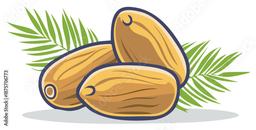 Stylized dates fruit composition with green palm leaves illustration for healthy food concept