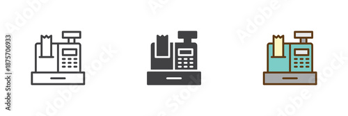 Cash register machine different style icon set. Line, solid and filled outline colorful icon, vector sign and symbol. Register icon for grocery checkout and payment icon.