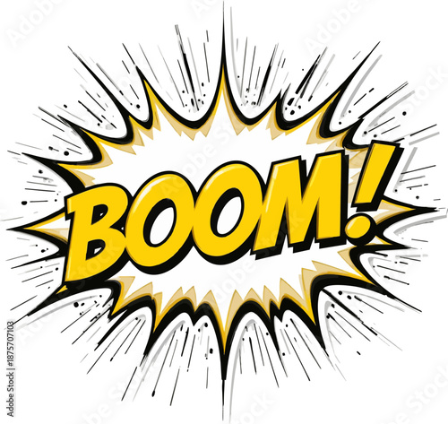 High-energy comic book "BOOM BOOM BOOM!!" in chunky yellow letters exploding from white stippled cloud with black radiating star rays, classic cartoon vector onomatopoeia effect