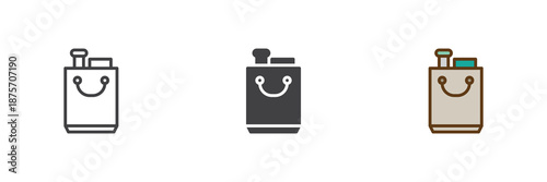 Shopping bag with food different style icon set. Line, solid and filled outline colorful icon, vector sign and symbol. Food bag icon for grocery shopping and retail icon use.