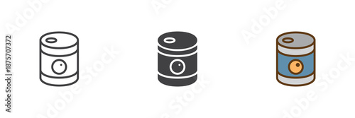 Canned food tin different style icon set. Line, solid and filled outline colorful icon, vector sign and symbol. Canned food icon for grocery storage and preserved food icon.