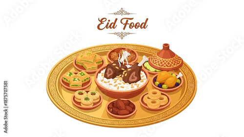 Delicious birthday dessert illustration featuring a sweet Easter cake with eggs and a tasty chocolate pastry with cherries isolated on a white plate