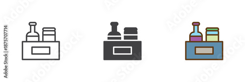 Condiments box with bottles different style icon set. Line, solid and filled outline colorful icon, vector sign and symbol. Condiment icon for grocery, kitchen and food storage icon.