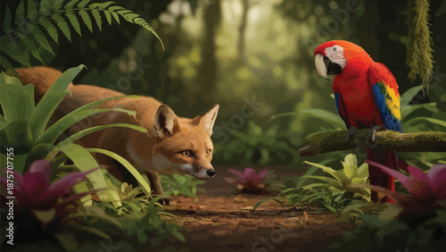 Curious wild red fox cautiously observes a brilliantly colored scarlet macaw perched upon a mossy jungle branch amidst lush vibrant green tropical foliage and soft diffused sunlight