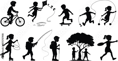 Kids outdoor activities silhouette set, children playing cycling skating kite fishing jumping rope, black vector illustration isolated on white