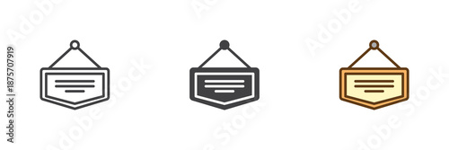 Hanging sign board with rope different style icon set. Line, solid and filled outline colorful icon, vector sign and symbol. Signboard icon for grocery store and shop icon.