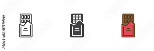 Chocolate bar sweet snack different style icon set. Line, solid and filled outline colorful icon, vector sign and symbol. Chocolate icon for grocery, dessert and candy icon.