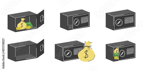 Money safe box set with cash, coins and locked storage vector illustration