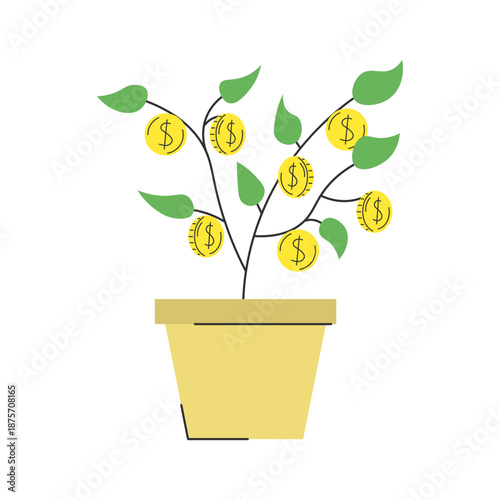Money tree with gold coins growing in pot financial growth vector illustration