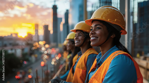 African american female construction workers at sunset, women on urban building site with city skyline