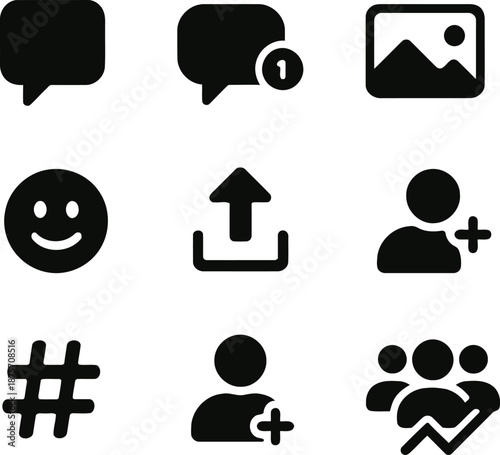Versatile collection of essential social media and user interface vector icons for digital communication, web design, and mobile application development projects