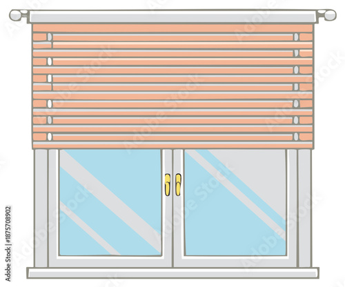 Window with peach-colored blinds covering the upper half and a double window pane with glass, inside view with natural light, interior decoration