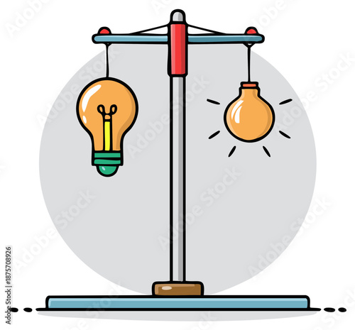 Creative concept of two light bulbs on a balance scale one lit one unlit symbolizing ideas and inspiration