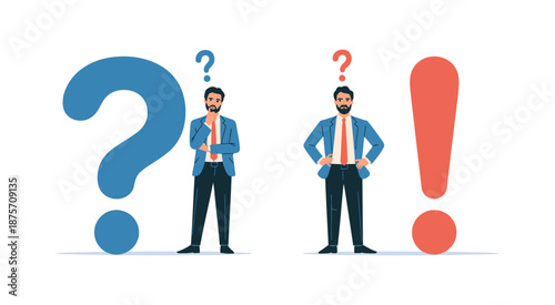 Businessman Thinking Next to Blue Question Mark, Finding Solution Near Red Exclamation Mark, Problem Solving Concept, Vector Illustration.