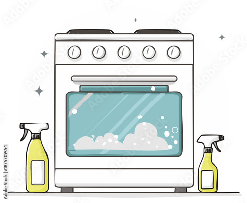 Oven cleaning cartoon illustration with cleaning spray bottles and foamy cleaning product inside.