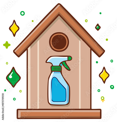 Cartoon Birdhouse and Cleaning Spray Bottle Sparkling Clean Illustration
