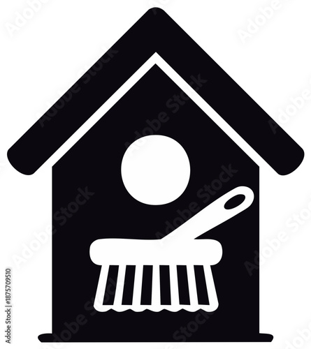 Simple house icon with cleaning broom representing domestic tidiness and home care