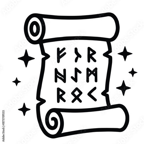 Rune Scroll Icon, Ancient Magic Symbols Line Art Vector
