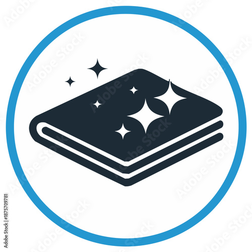 Folded laundry stack icon with shining effect in a blue circle design, representing freshness and cleanliness for hygiene product