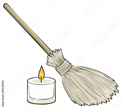 Cartoon illustration of a magical witch broom and a burning tealight candle for a ritual