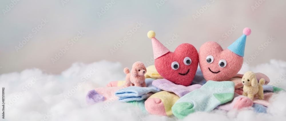 Fototapeta premium Surreal silliness with cute heart characters and adorable animals dreamy cloud background playful scene for imaginative content