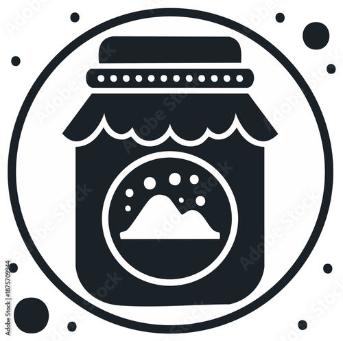 Jam Jar Icon with Mountain Design and Decorative Border in Circle, Modern Food Symbol