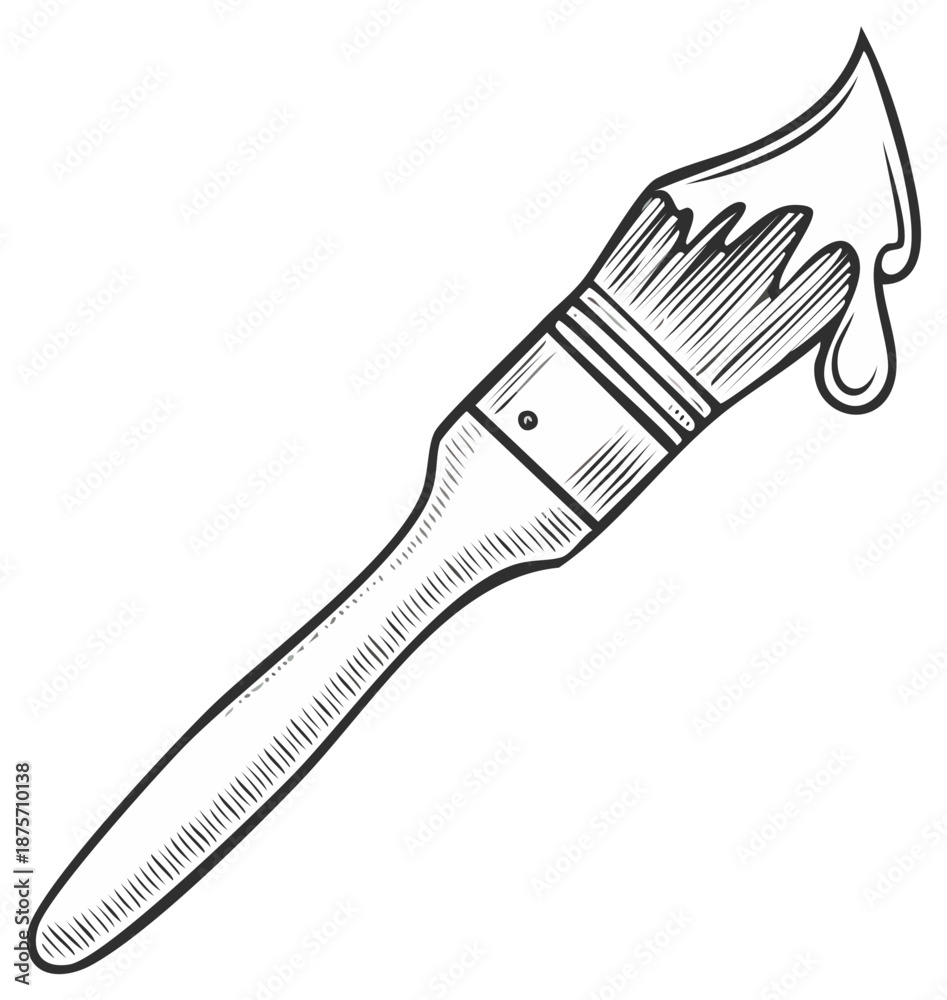 Obraz premium Hand drawn sketch of a paintbrush with dripping paint. Black and white line art illustration of an artistic tool.