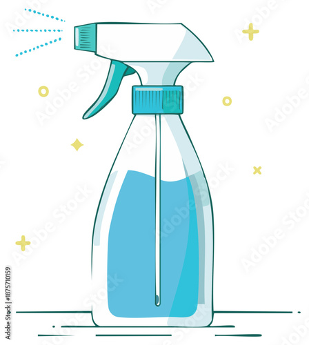 Spray bottle illustration filled with blue liquid for cleaning supplies or sanitizing