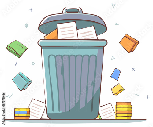 Cartoon trash can overflowing with papers and folders, scattered documents flying around