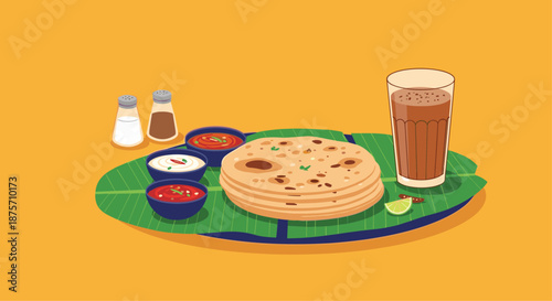Traditional South Indian meal featuring paratha flatbread, various spicy chutneys, and a glass of tea served on a green banana leaf.