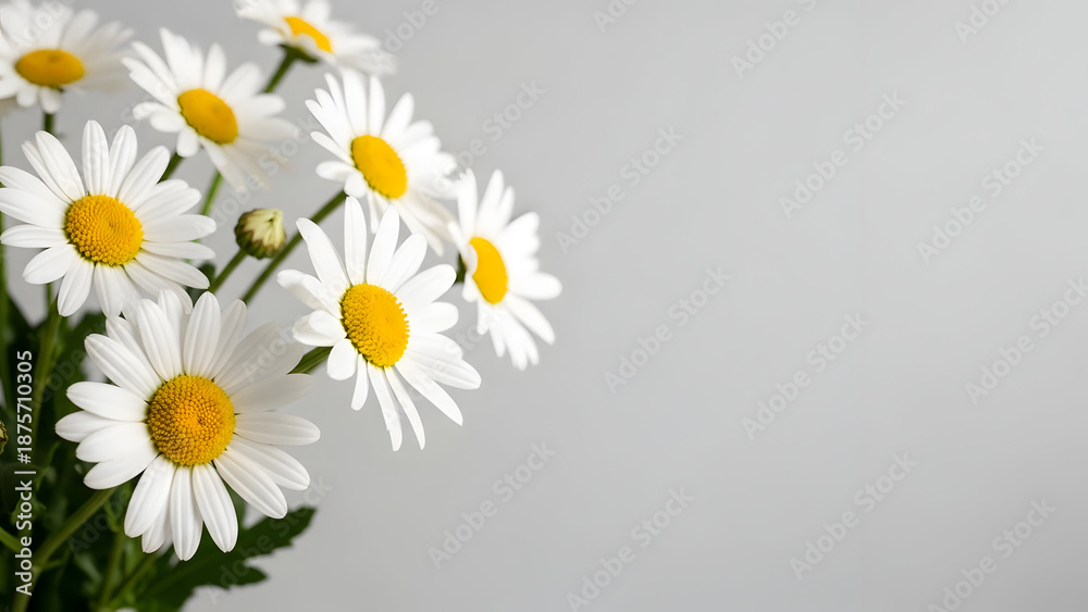 Obraz premium A bouquet of white daisies with yellow centers on a gray background