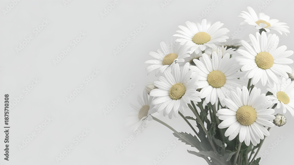 Obraz premium A bouquet of white daisies with yellow centers on a plain background