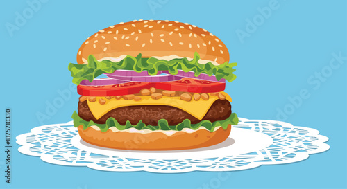 Delicious gourmet cheeseburger with a beef patty, melted cheese, lettuce, and onions served on a white lace doily.