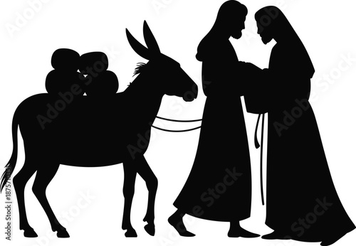 Nativity silhouette with Mary, Joseph and baby Jesus, donkey scene, Christmas holy family black vector illustration isolated