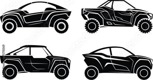 Off road car silhouette set, buggy and ATV vehicle icons, racing transport black vector illustration isolated on white