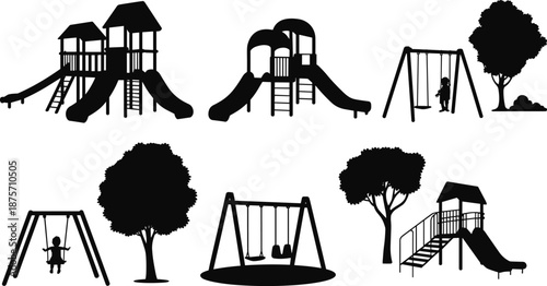 Playground equipment silhouette set, slides, swings, kids play area, park elements, black vector icons collection for outdoor