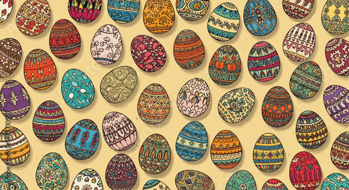 Beautiful pattern of many colorful Easter eggs decorated with intricate traditional folk designs on a beige base.