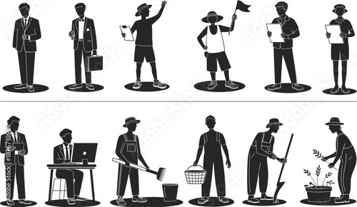 Professional people silhouettes set, office workers and farmers, business and agriculture characters, black and white job occupation icons