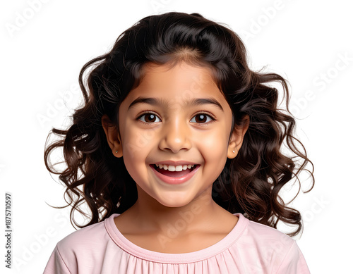 Portrait of a little girl feel excited and happy with hands up, isolated on a transparent background.