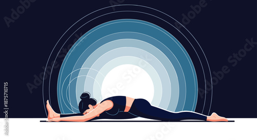Dedicated woman performing a deep split yoga stretch on a mat against a dark background with blue glowing circles.