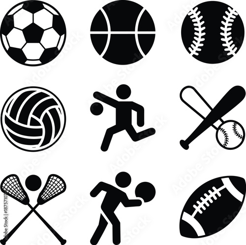 Sports ball icon set, soccer, basketball, baseball, volleyball, football symbols, athletes silhouettes, black and white vector