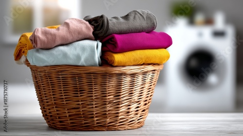 Laundry basket overflowing with vibrant, freshly folded clothes, set against a modern washing machine in a softly lit studio, showcasing realistic fabric textures and an inviting atmosphere for home c