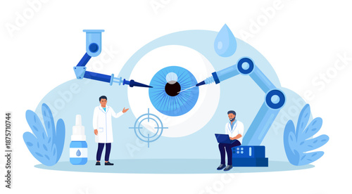 Robot arms operating healing eyeball. Robotic surgery. Machine surgeon and disease diagnostics. Vision eye surgery cataract and astigmatism. Medical technologies innovation